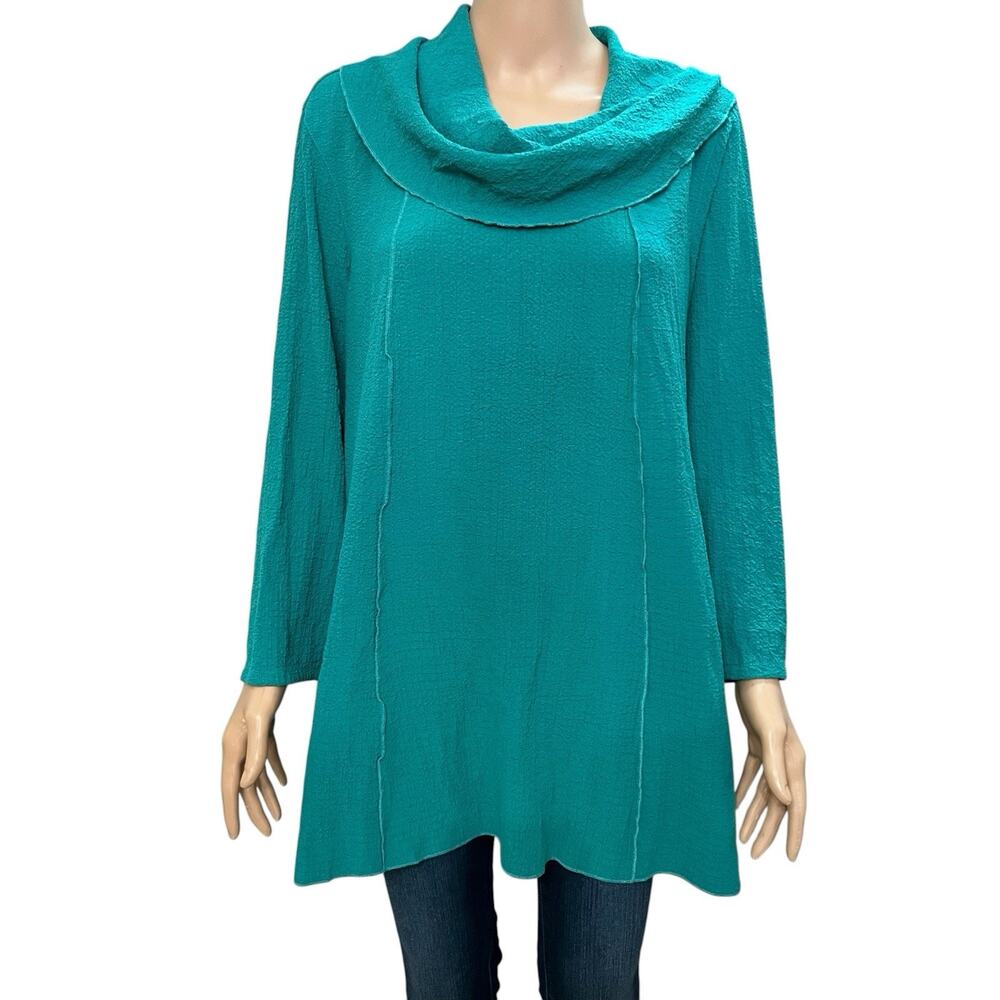 Ali Miles Crinkle Cowl Neck Tunic Top 1X Teal 3/4 Sleeves Artsy Lagenlook Casual - Picture 1 of 8